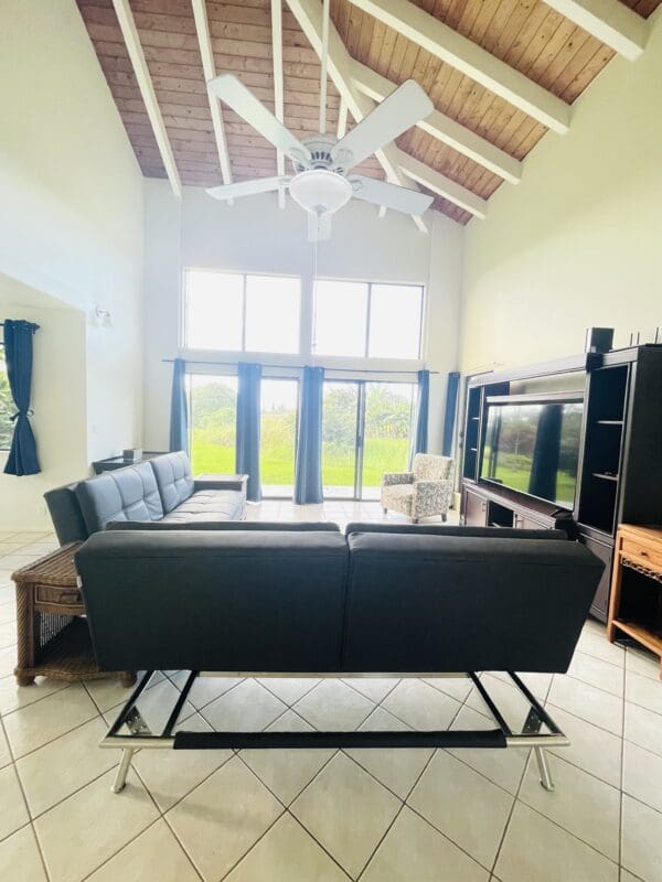 A living room with black leather furniture and large windows.