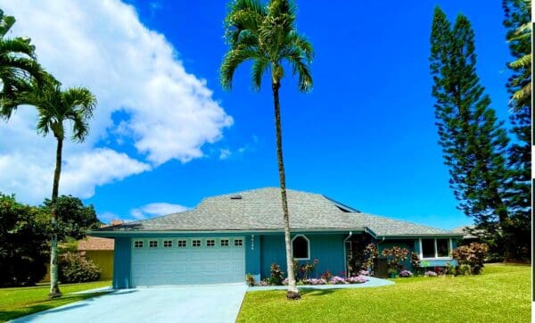 A large palm tree in front of a house.