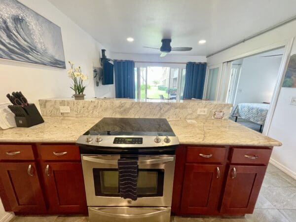 A kitchen with an oven and counter top