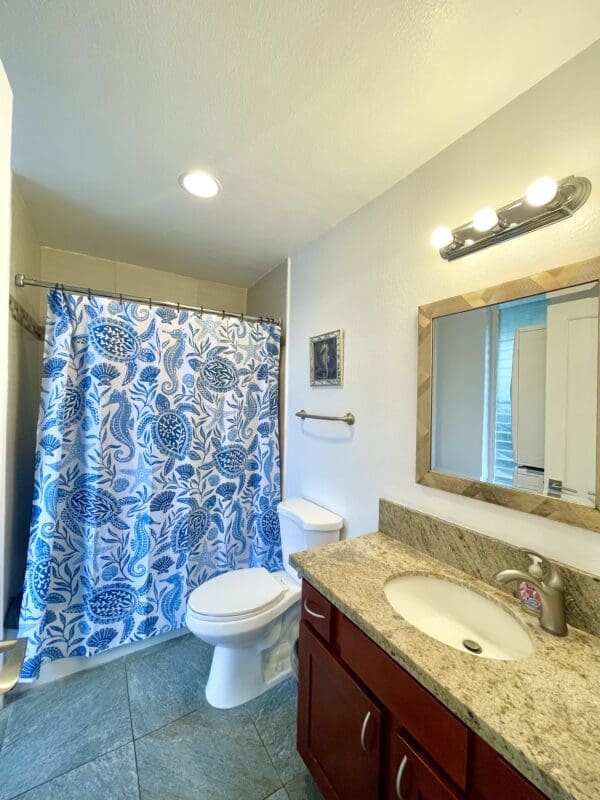 A bathroom with a sink, toilet and shower.