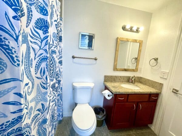 A bathroom with a toilet, sink and mirror.