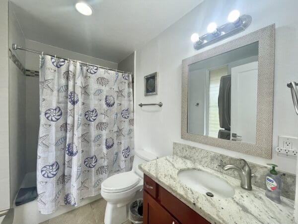 A bathroom with a toilet, sink and mirror.