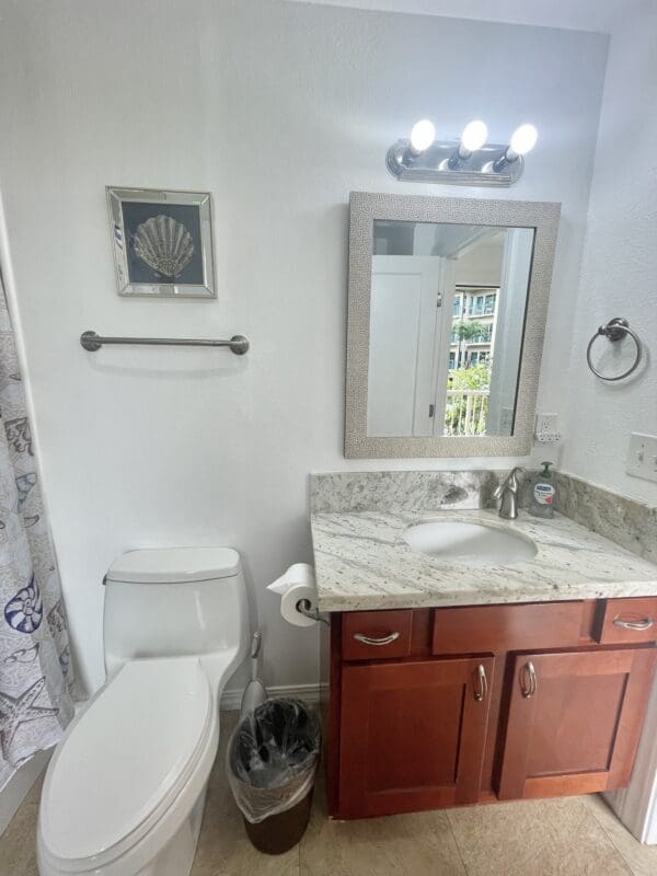 A bathroom with a sink, toilet and mirror.