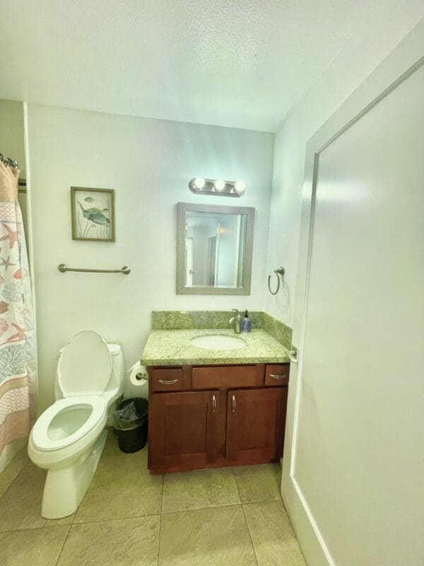 A bathroom with a toilet, sink and mirror.