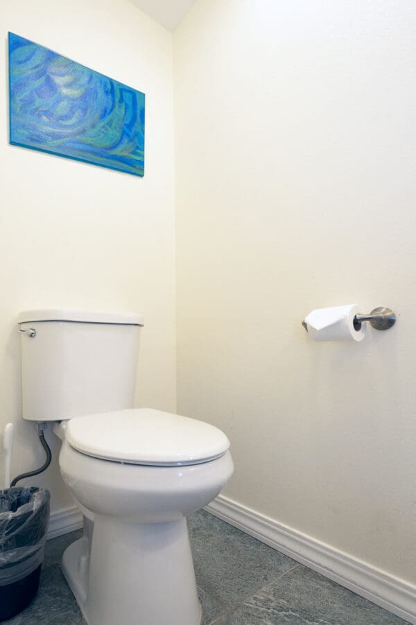 A white toilet sitting in the corner of a bathroom.