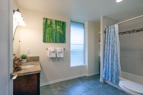 A bathroom with a sink, toilet and shower.